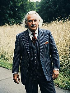 Man in Classic Navy Blue Pinstripe Three-Piece Suit Outdoor Portrait