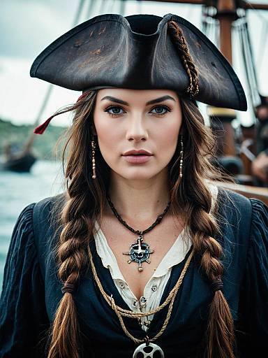 Portrait of Woman as Pirate Anne Bonny with Tricorn Hat on Ship