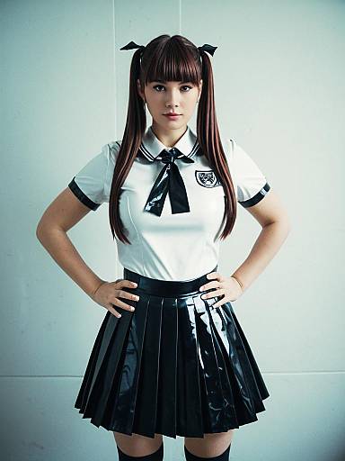 Woman in Latex Schoolgirl Costume Full Body Cosplay Photo with Pleated Skirt