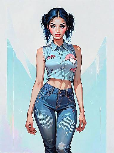 Realistic Comic Style Illustration of Woman in Casual Cropped Shirt and Jeans