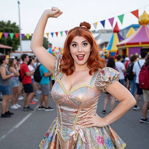 Red Haired Woman in Colorful Costume at Outdoor Fair festival