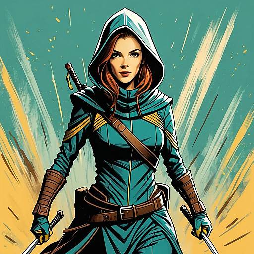 Digital Illustration of Woman Warrior in Hooded Outfit with Swords