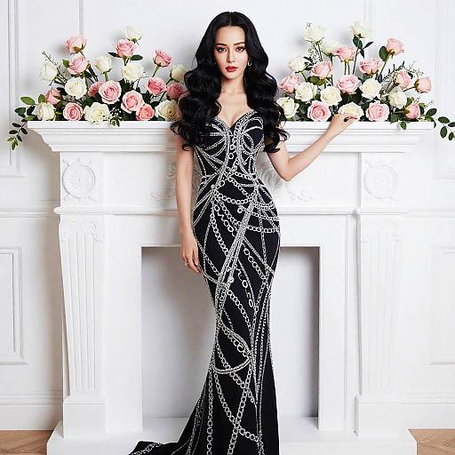 Elegant Woman in Black Chain-Patterned Evening Gown by Floral Fireplace