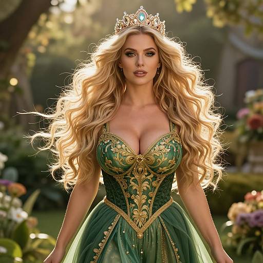 Blonde Woman in Medieval Green Gold Gown and Crown in Garden