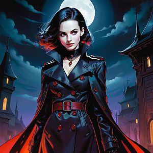 Confident Woman Under Full Moon in Gothic Setting
