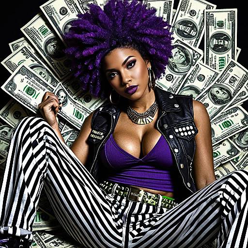Confident Woman with Purple Hair and Edgy Urban Style Surrounded by Money