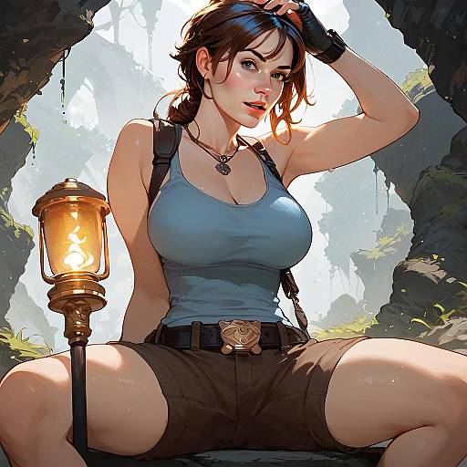 Adventurous Woman in Digital Anime-Style Illustration with Lantern