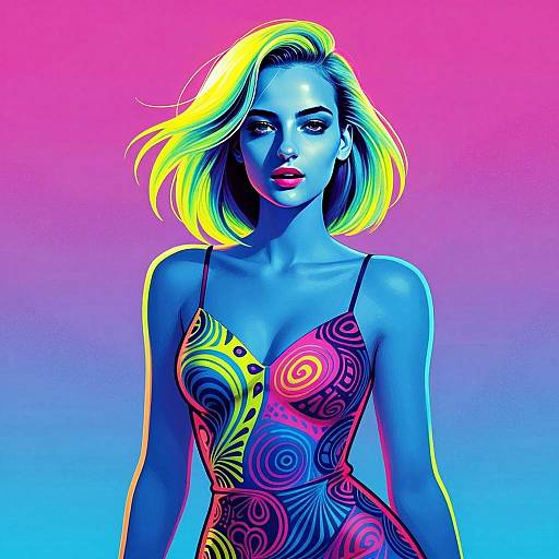 Neon Pop Art Woman with Psychedelic Dress and Blue Skin