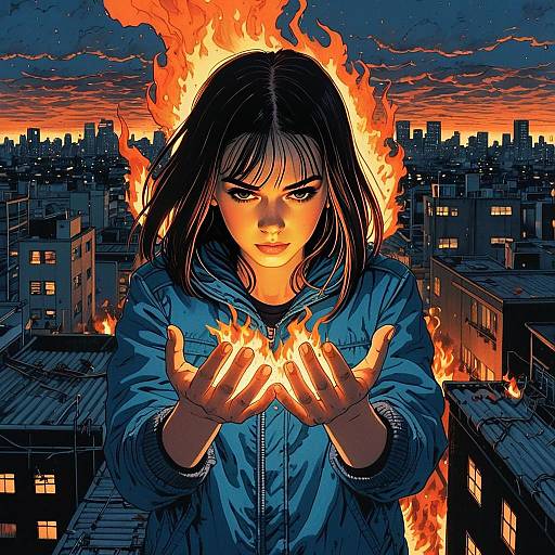 Woman with Flaming Hands in Urban Nightscape Digital Illustration