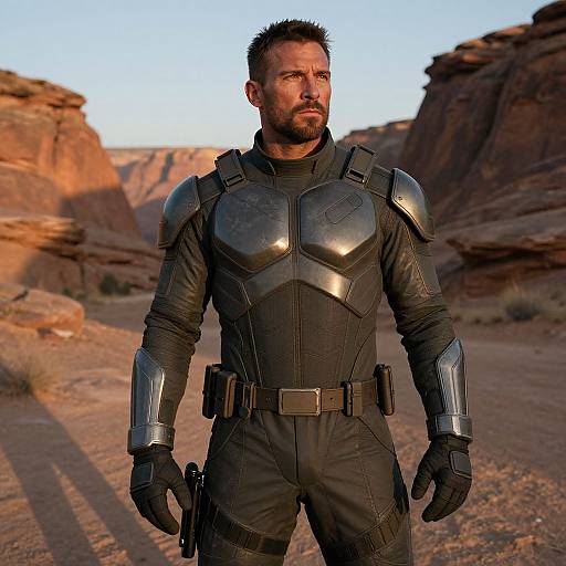 Man in Futuristic Armor Suit Standing in Desert Canyon