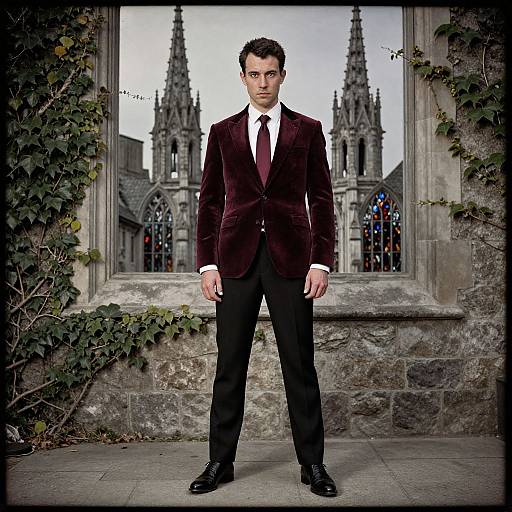 Man in Burgundy Velvet Blazer Standing by Gothic Cathedral Window