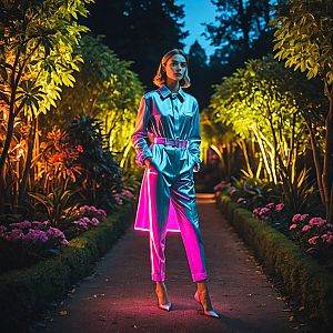 Confident Woman in Neon Garden at Dusk