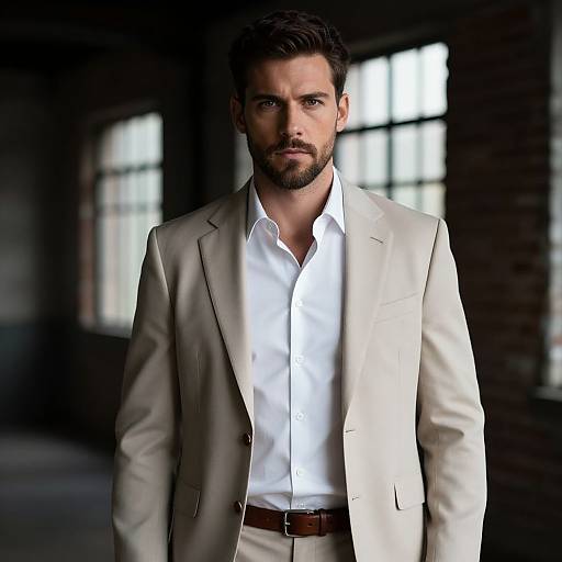 Confident Man in Beige Suit and White Shirt in Industrial Room