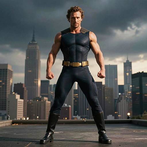Muscular Man in Futuristic Superhero Costume on Rooftop with City Skyline