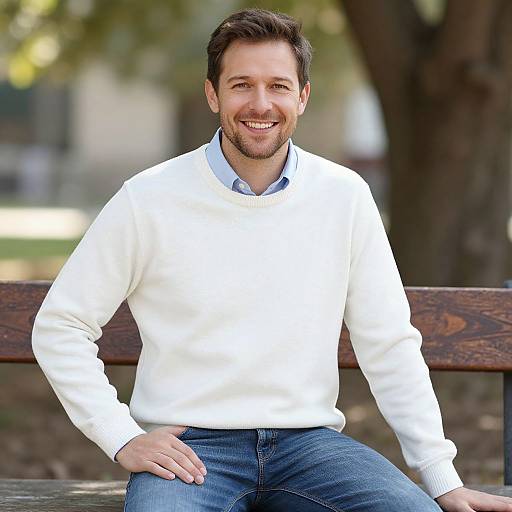 Smiling Young Man in White Sweater Sitting on Park Bench