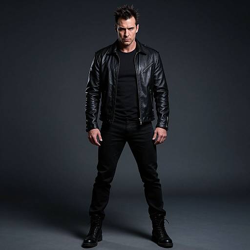 Man in Black Leather Jacket and Combat Boots Against Dark Background