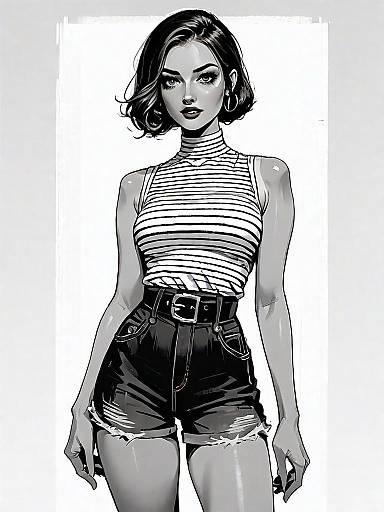 Realistic Comic Style Illustration of Woman in Striped Top and High-Waisted Shorts