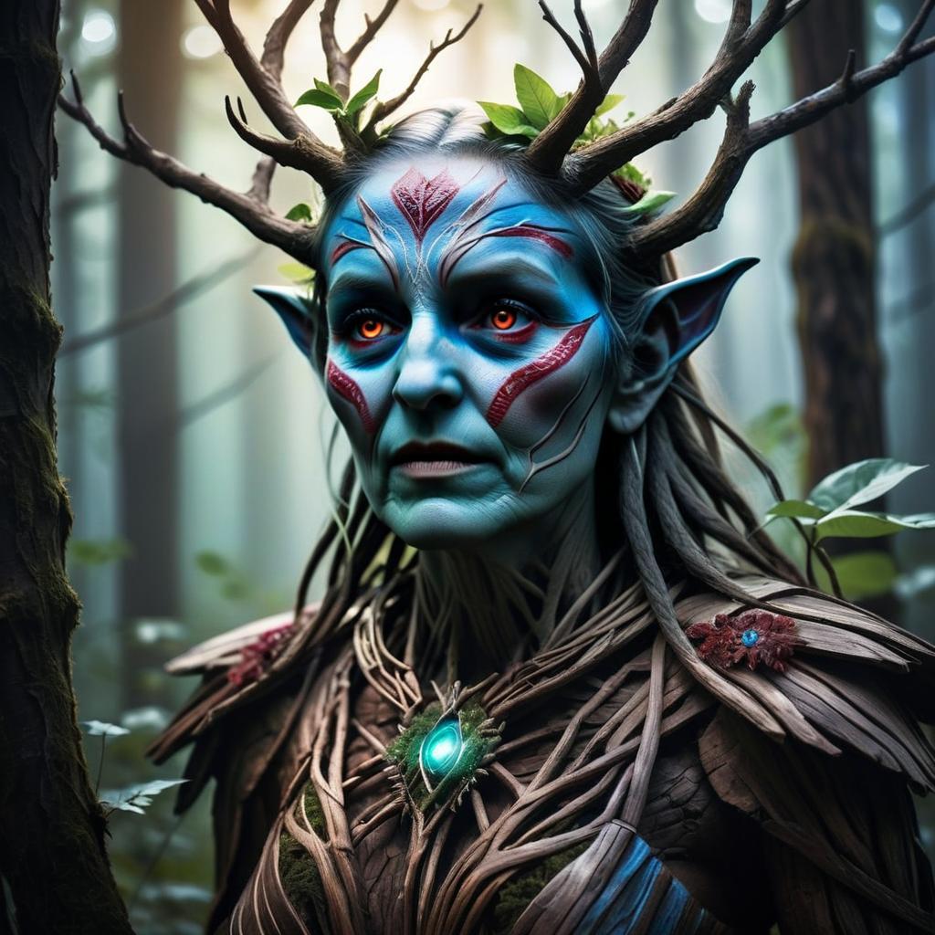 Mystical Woman with Blue Skin and Glowing Eyes in Forest Mystical Woman with Blue Skin and Glowing Eyes in Forest