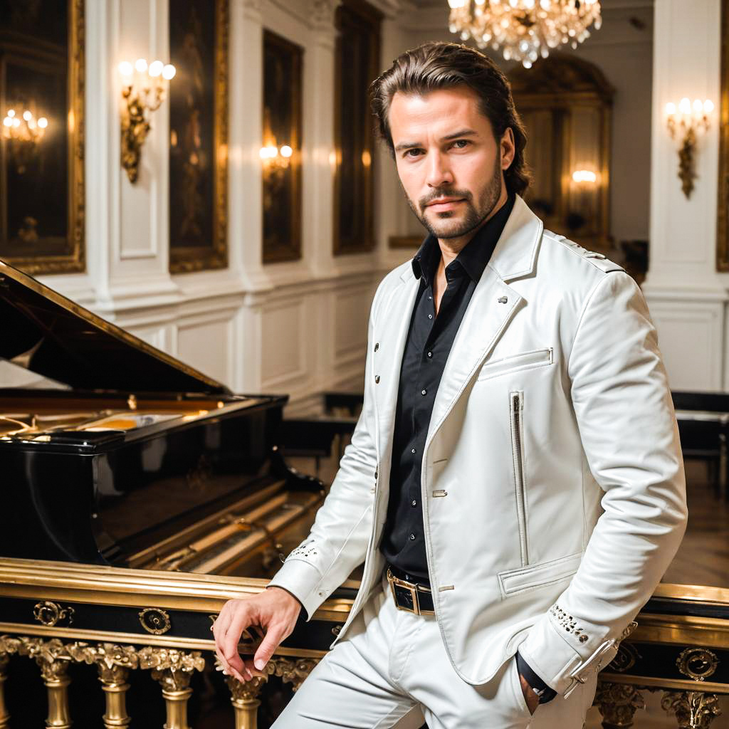 Confident Man in White Suit by Grand Piano