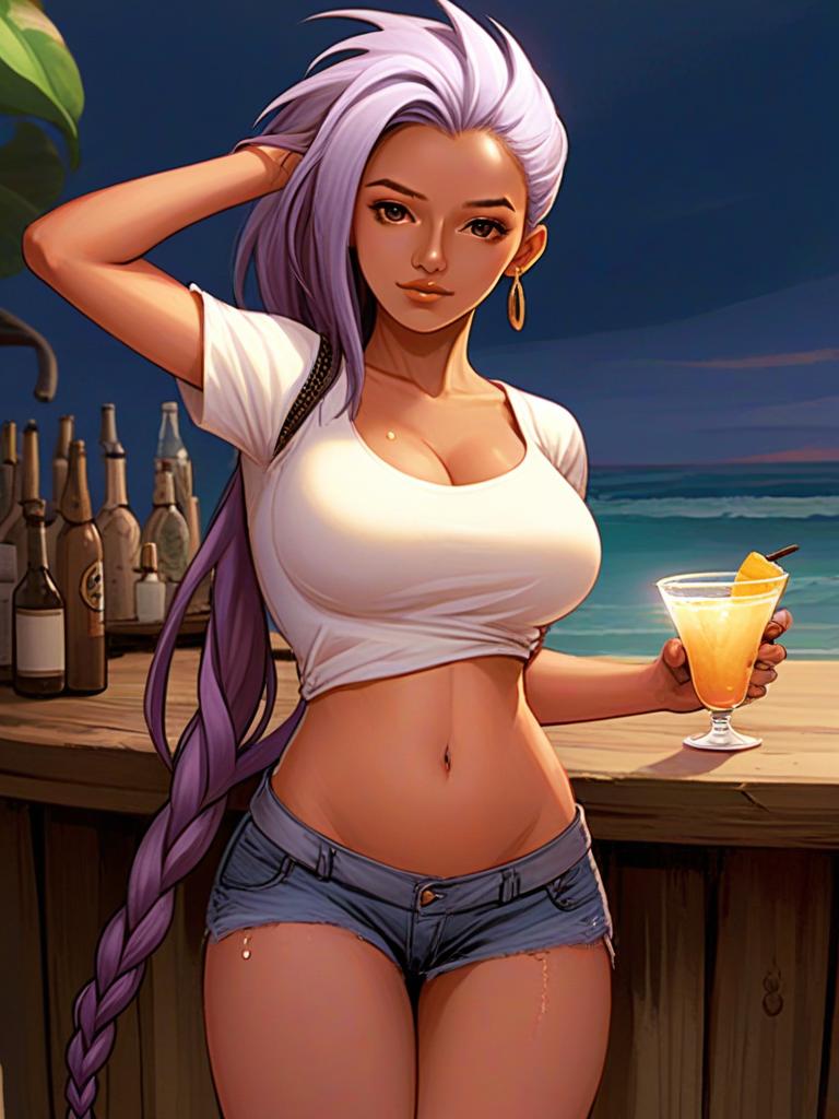 Confident Young Woman at Beachside Bar with Tropical Cocktail