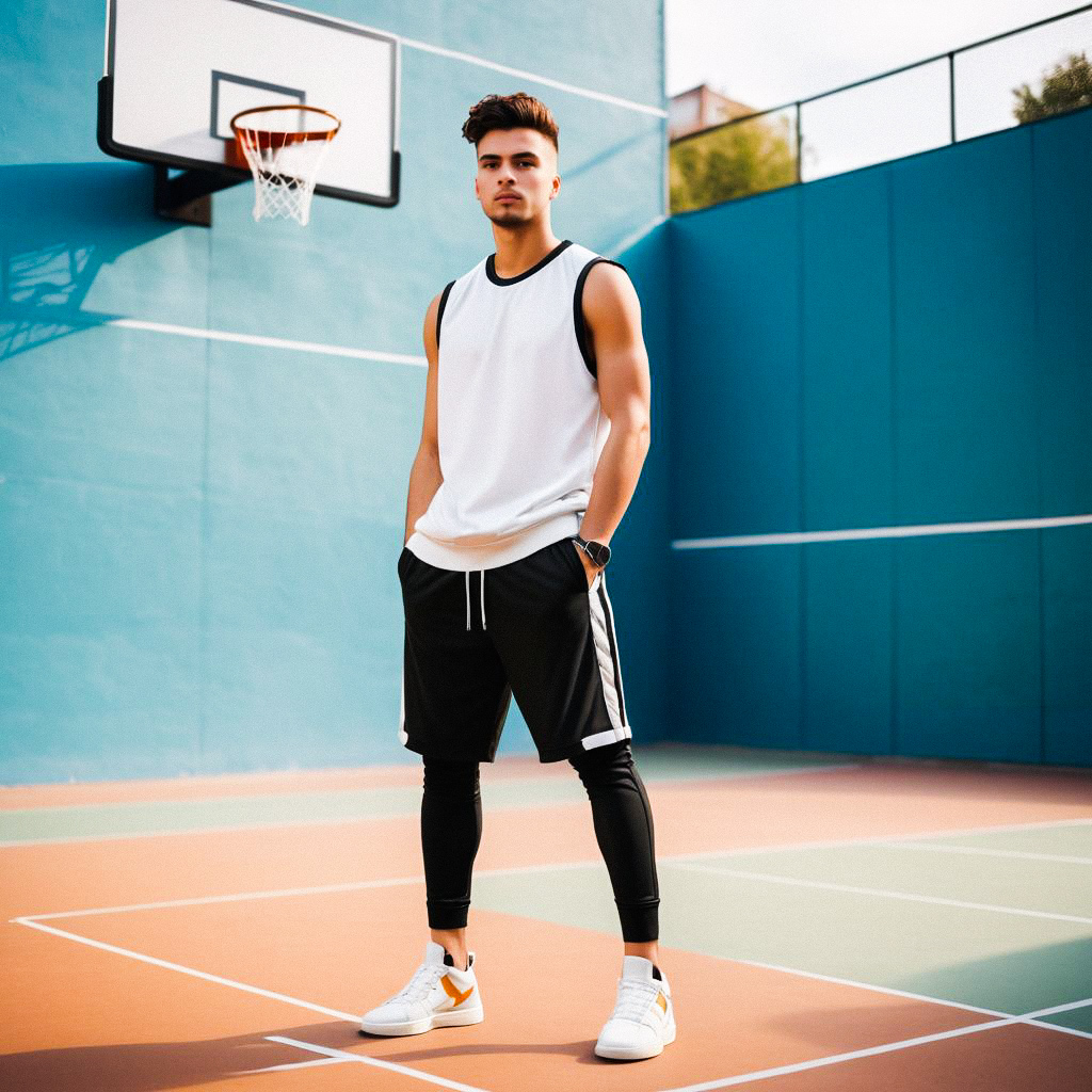 Young Man on Basketball Court in Sporty Style