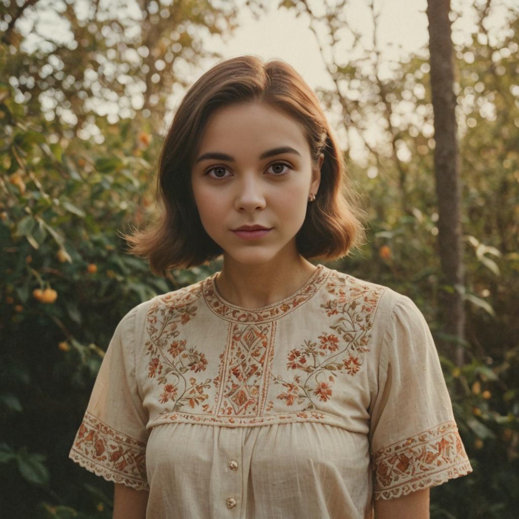 Thoughtful Woman in Stylish Embroidered Top Outdoors