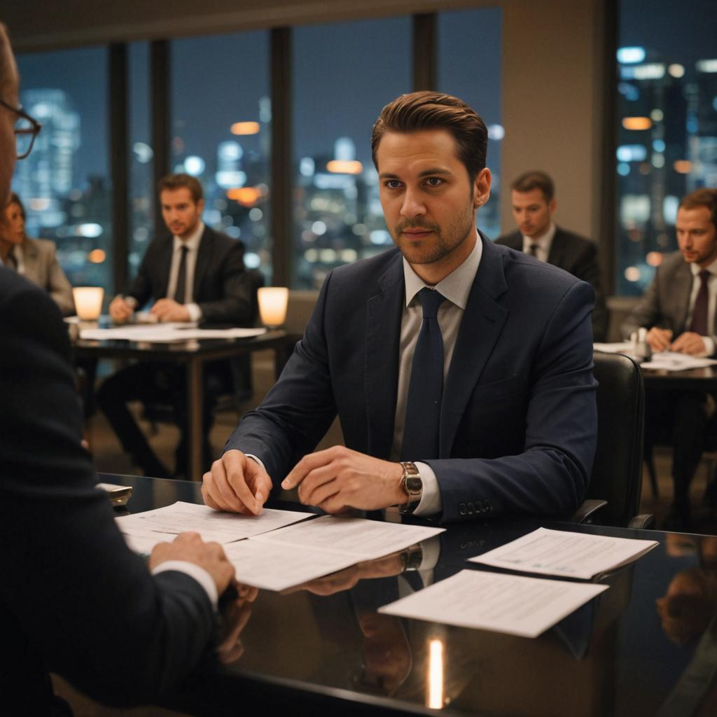 Confident businessman in boardroom with city skyline