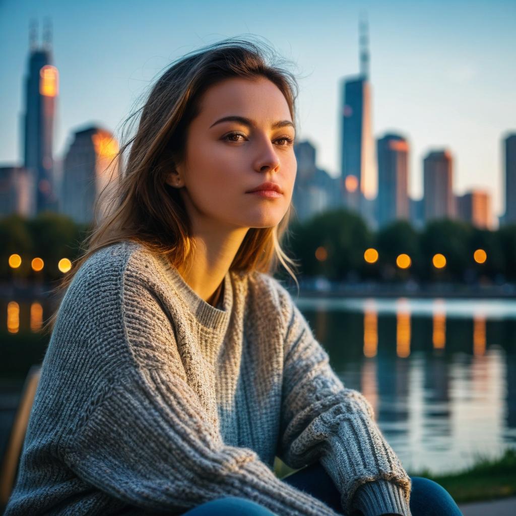 Portrait of Thoughtful Woman by Waterfront with City Skyline at Sunset