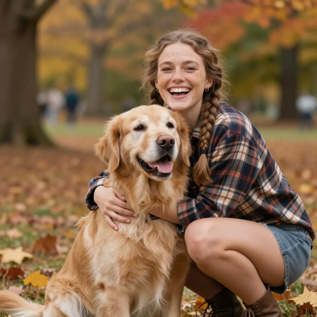 Happy Young Woman Hugging Golden Retriever in Autumn Park