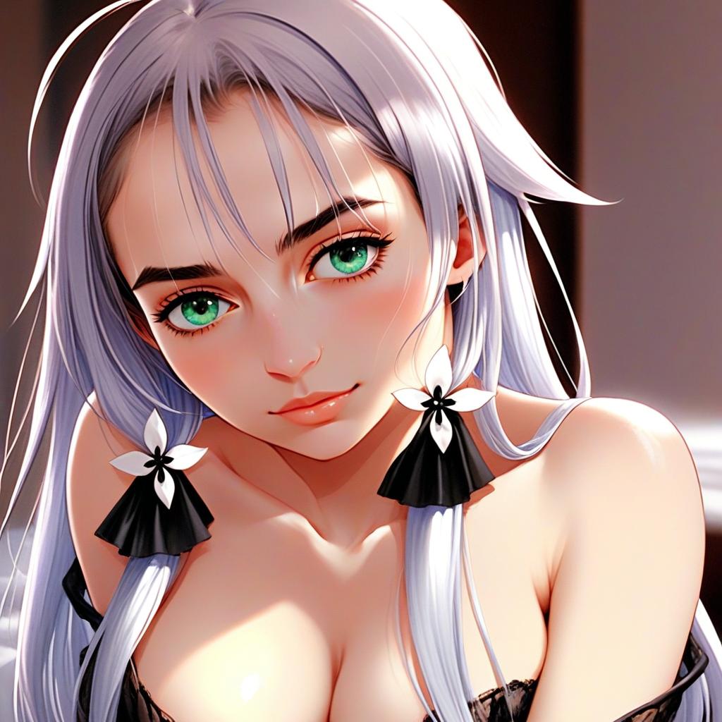 Anime Style Portrait of Woman with Silver Hair and Green Eyes
