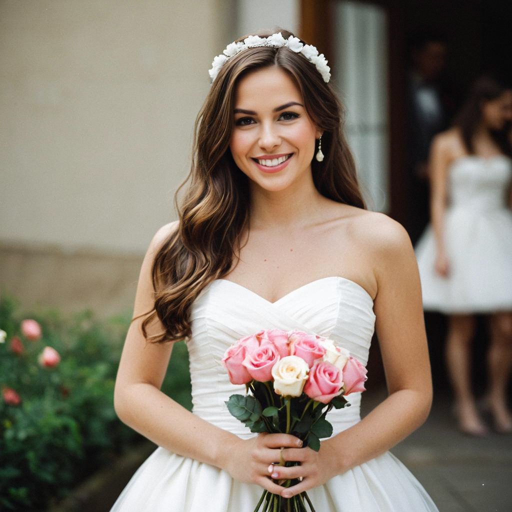 Smiling Bride in White Gown with Bouquet Smiling Bride in White Gown with Bouquet