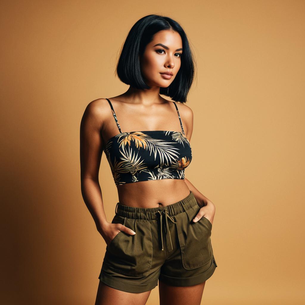 Confident Woman in Tropical Crop Top and Olive Shorts Studio Portrait