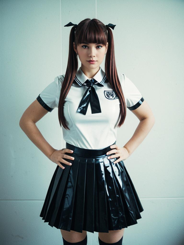 Woman in Latex Schoolgirl Costume Full Body Cosplay Photo with Pleated Skirt