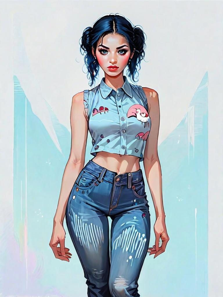 Realistic Comic Style Illustration of Woman in Casual Cropped Shirt and Jeans