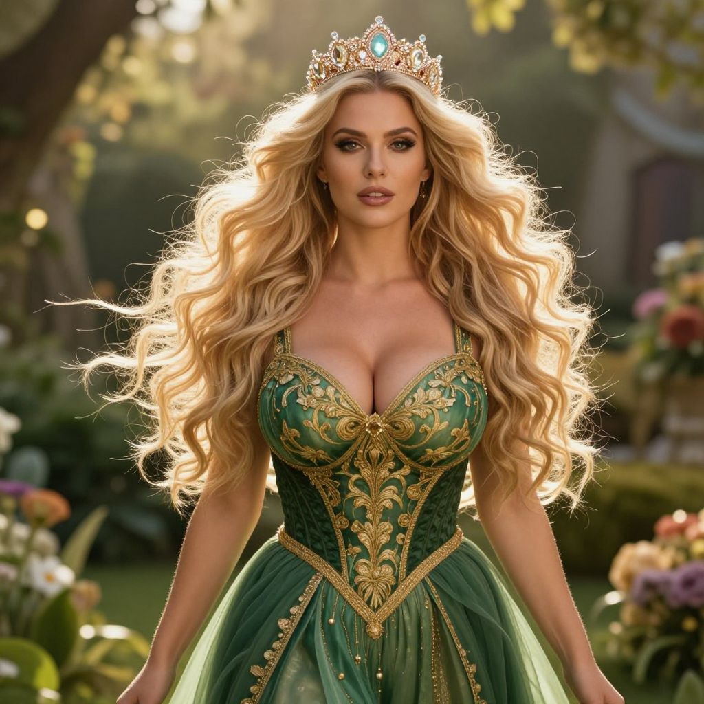 Blonde Woman in Medieval Green Gold Gown and Crown in Garden