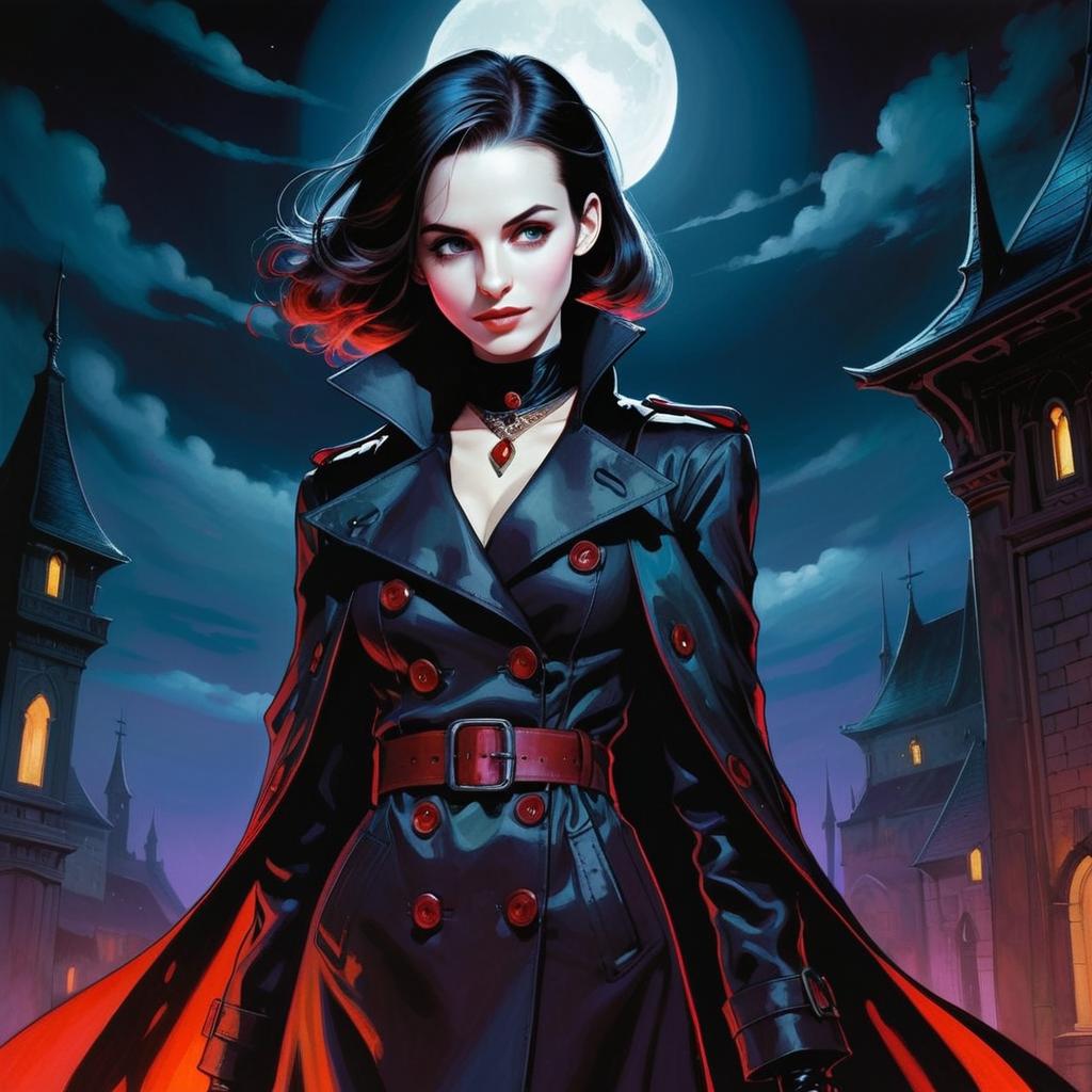 Confident Woman Under Full Moon in Gothic Setting Confident Woman Under Full Moon in Gothic Setting