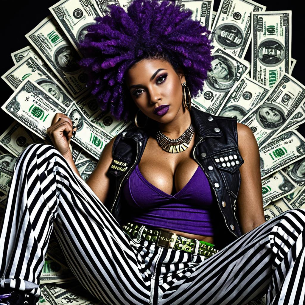 Confident Woman with Purple Hair and Edgy Urban Style Surrounded by Money