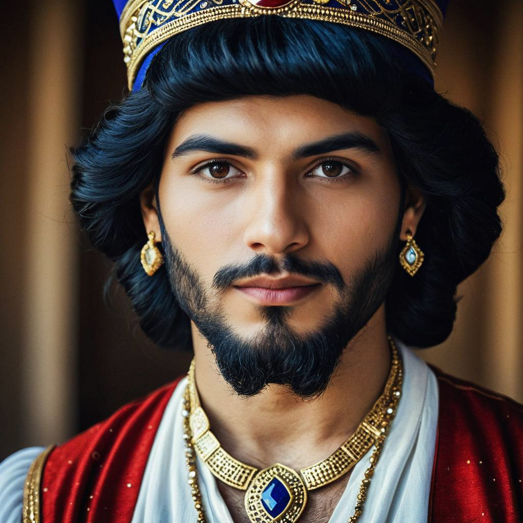 Regal Man in Traditional Royal Costume with Crown and Jewelry