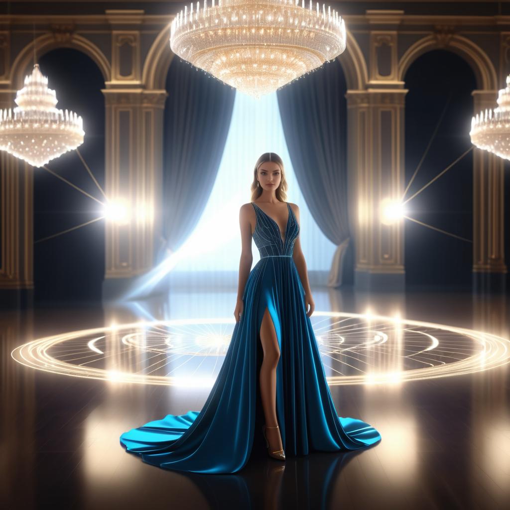 Elegant Woman in Blue Gown at Luxurious Ballroom