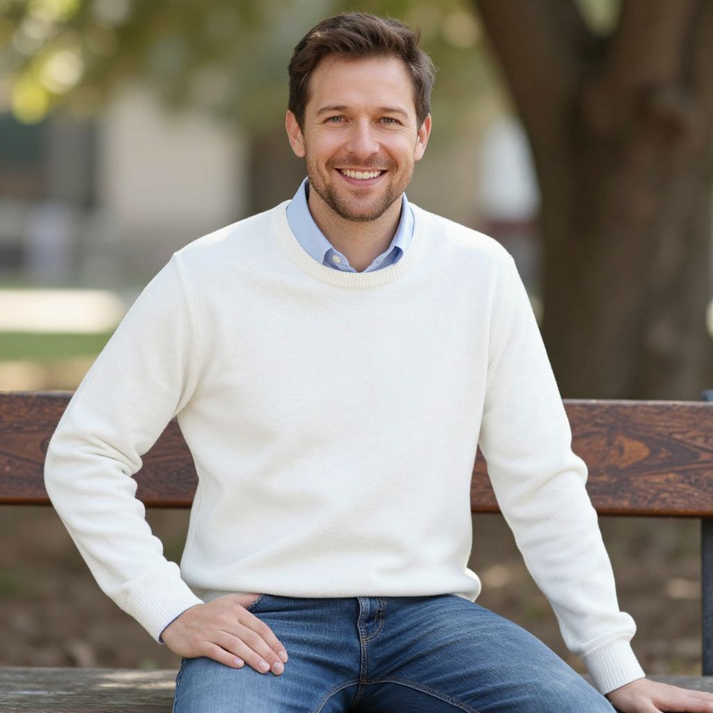 Smiling Young Man in White Sweater Sitting on Park Bench