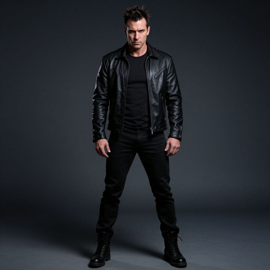 Man in Black Leather Jacket and Combat Boots Against Dark Background