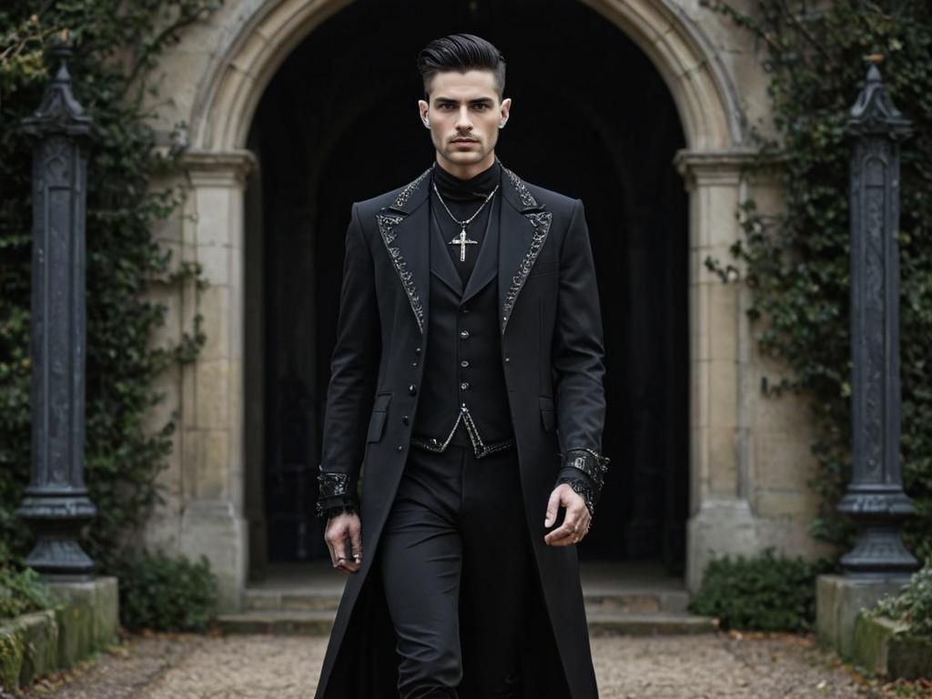 Confident man in Gothic outfit before ancient archway