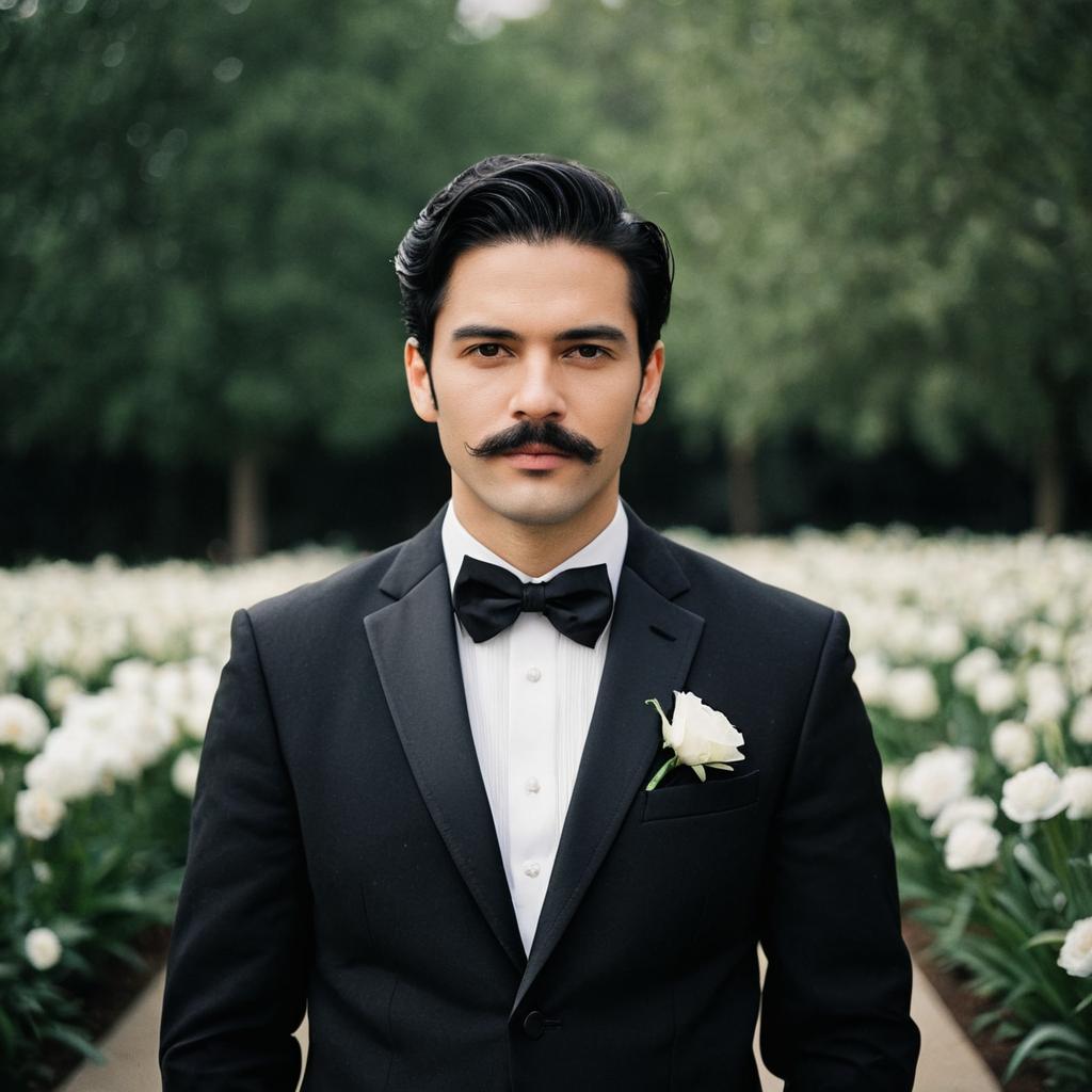 Man in Black Wedding Suit with Bow Tie and Mustache in Flower Garden