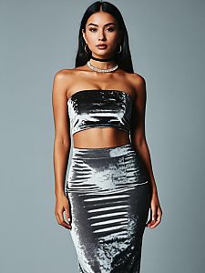Contemporary Chic Woman in Silver Crushed Velvet Strapless Crop Top and Skirt