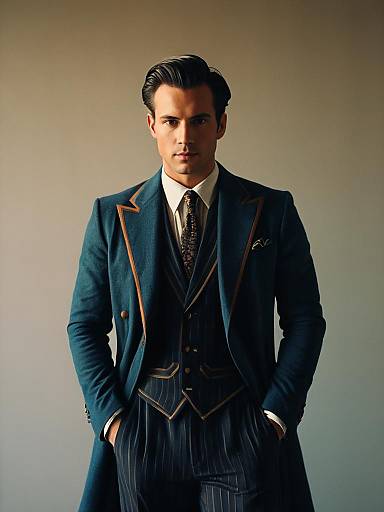 Man in Modern Fashion Costume with Tailored Teal Coat and Pinstriped Suit