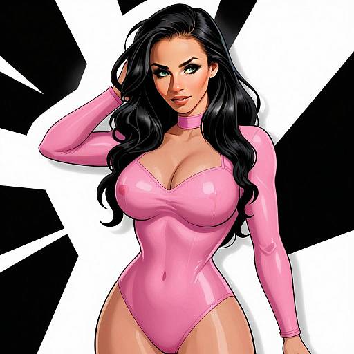 Digital Illustration of Woman in Shiny Pink Bodysuit with Graphic Background