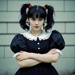 Young Woman in Vintage Black Dress with Ruffled Collar