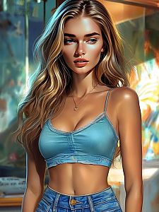 Stylish Woman in Blue Crop Top and High-Waisted Jeans