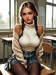 Young Woman in Turtleneck and Plaid Skirt