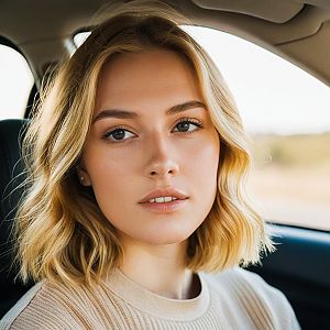 Close-up portrait of a young woman in a car